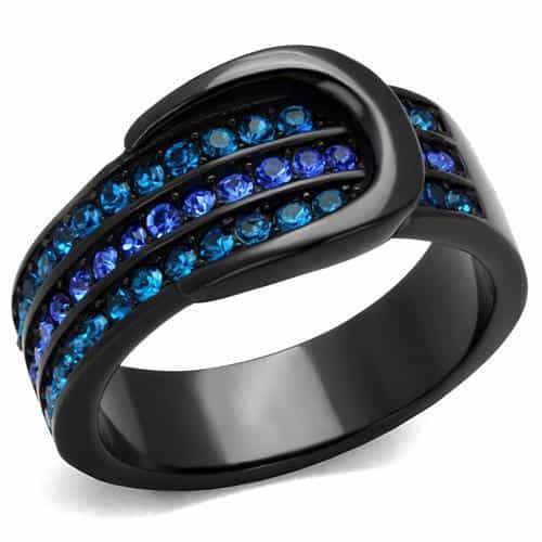 Stainless Steel Black IP Blue Sapphire Crystal Stripe Wide Ring view 1