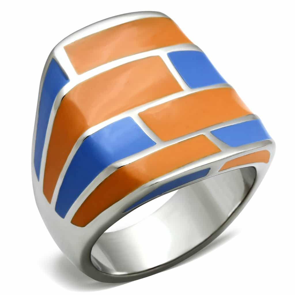 Stainless Steel Orange Blue Enamel Brick Pattern Dome Ring view 5