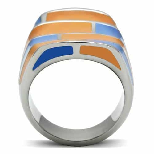 Stainless Steel Orange Blue Enamel Brick Pattern Dome Ring view 3