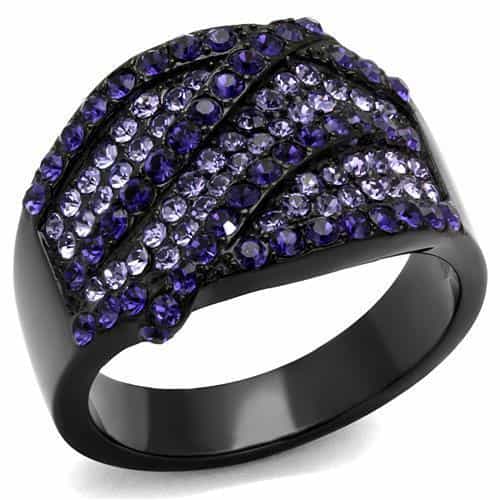 Stainless Steel Black IP Purple Lavender Crystal Fan Dome Ring view 1