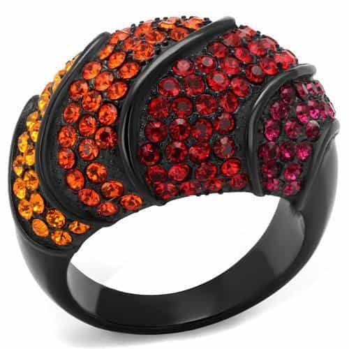 Stainless Steel Black IP Orange Red Crystal Gradient Dome Ring view 1