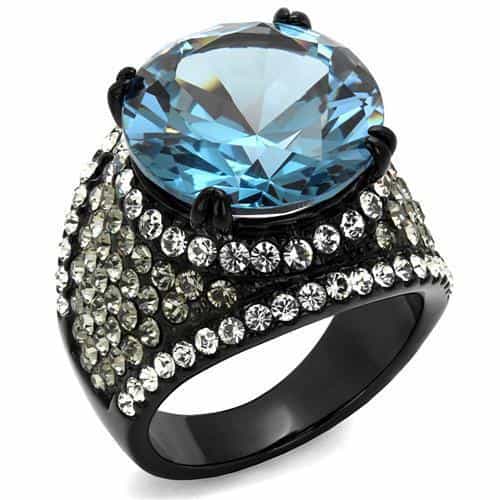 Stainless Steel Black IP Aquamarine Blue Round CZ Pave Ring view 1