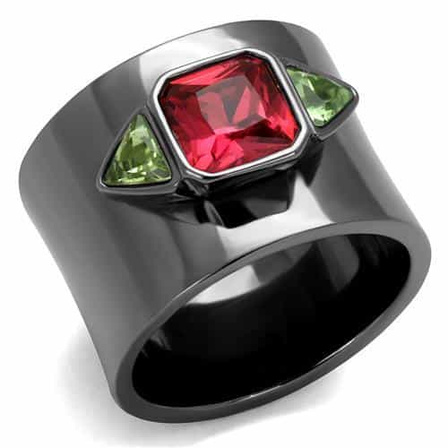 Stainless Steel Black IP Ruby Red Princess Peridot Tri Stone Ring view 1