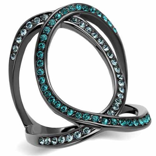 Stainless Steel Black IP Blue Zircon Teal Crystal Ring view 5