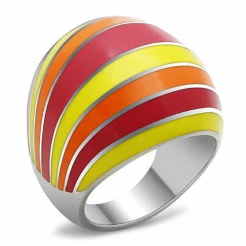 Stainless Steel Orange Red Yellow Enamel Stripe Dome Ring view 2