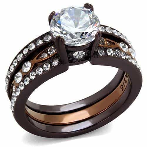 Stainless Steel Coffee Brown CZ Round Solitaire Pave Bridal Ring view 5
