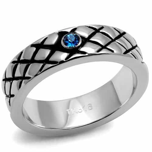 Stainless Steel Black IP Crosshatch Texture Blue Sapphire CZ Ring view 1
