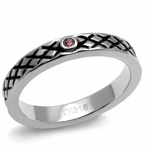 Stainless Steel Crosshatch Texture Pink CZ Accent Ring view 1
