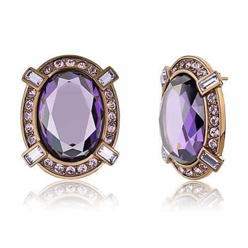 Stainless Steel Rose Gold IP Amethyst Oval CZ Baguette Earrings view 1