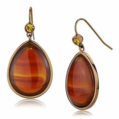 Stainless Steel Gold IP Amber Agate Pear Teardrop Hook Earrings view 1