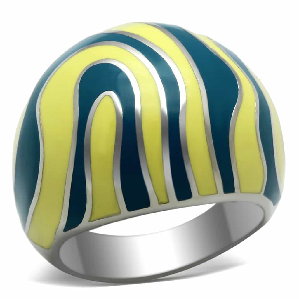 Stainless Steel Teal Yellow Enamel Wave Dome Ring view 5