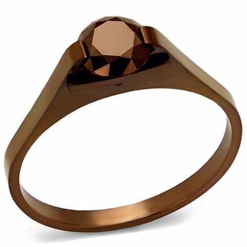 Stainless Steel Coffee Brown CZ Round Hexagonal Solitaire Ring view 1
