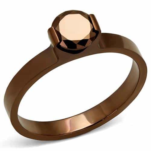Stainless Steel Coffee Brown CZ Round Slim Solitaire Ring view 1