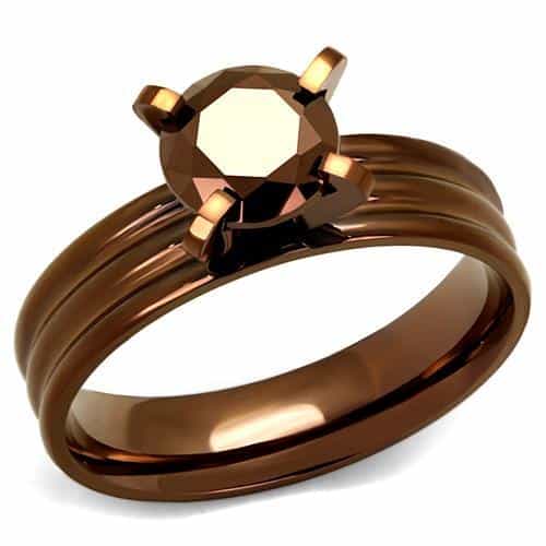 Stainless Steel Coffee Brown CZ Round Solitaire Ridged Ring view 1