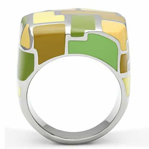 Stainless Steel Yellow Green Enamel Mosaic Block Dome Ring view 3