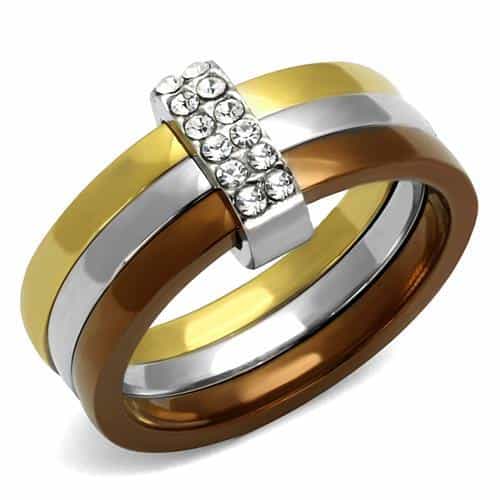 Stainless Steel Three Tone Gold Brown Silver CZ Pave Stack Ring view 1