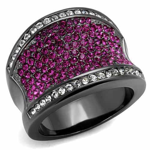 Stainless Steel Black IP Fuchsia Pink Crystal Pave Wide Dome Ring view 5
