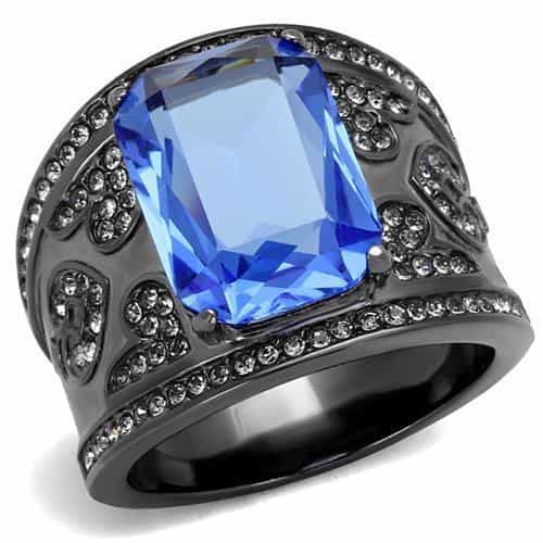 Stainless Steel Dark Gunmetal Blue Sapphire Emerald Cut CZ Ring view 1