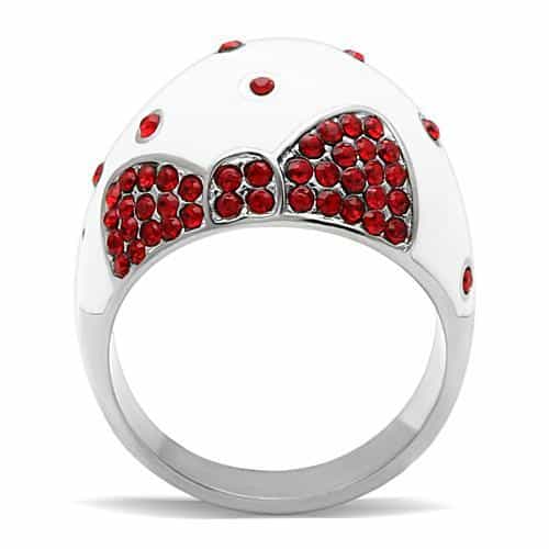 Stainless Steel White Enamel Red Crystal Heart Bow Dome Ring view 3