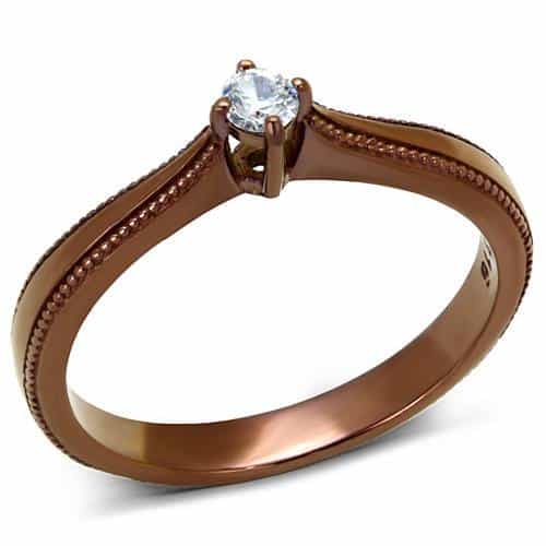 Stainless Steel Coffee Brown CZ Round Milgrain Solitaire Ring view 1