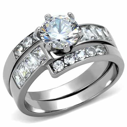 Stainless Steel CZ Round Baguette Channel Wide Bridal Ring view 1
