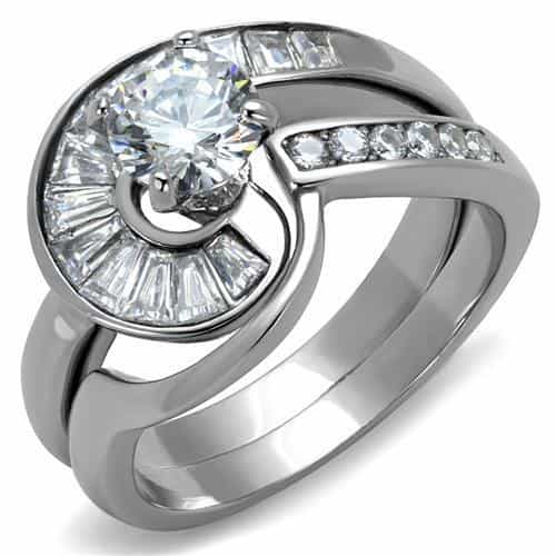 Stainless Steel CZ Round Baguette Swirl Wide Bridal Ring view 1