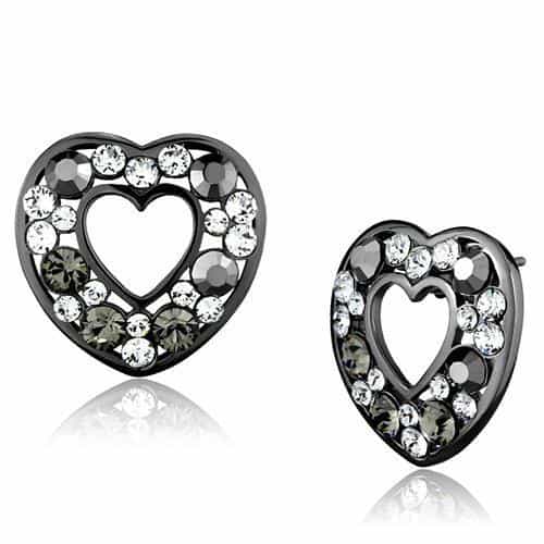 Stainless Steel Black IP Gray CZ Heart Open Stud Earrings view 1