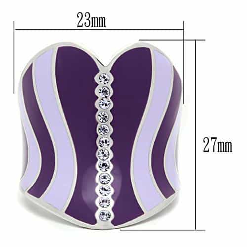 Stainless Steel Purple Lavender Enamel Wave CZ Heart Dome Ring view 6