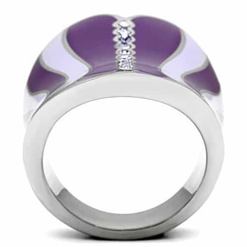 Stainless Steel Purple Lavender Enamel Wave CZ Heart Dome Ring view 3