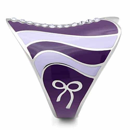 Stainless Steel Purple Lavender Enamel Wave CZ Heart Dome Ring view 4