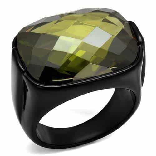 Stainless Steel Black IP Olive Green Faceted Crystal Cushion Ring view 1