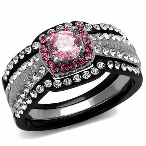 Stainless Steel Dark Gunmetal Pink CZ Cushion Halo Pave Ring view 5