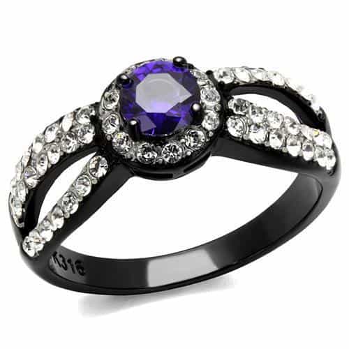 Stainless Steel Black IP Tanzanite Purple CZ Round Halo Ring view 1