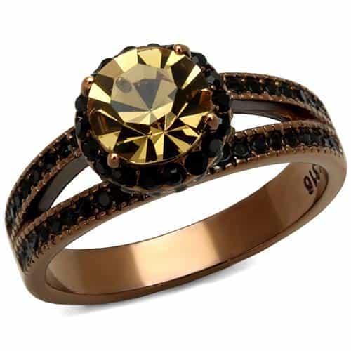 Stainless Steel Coffee Brown IP Champagne CZ Round Milgrain Ring view 1