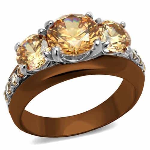 Stainless Steel Coffee Brown IP Champagne CZ Round Three Ring view 5