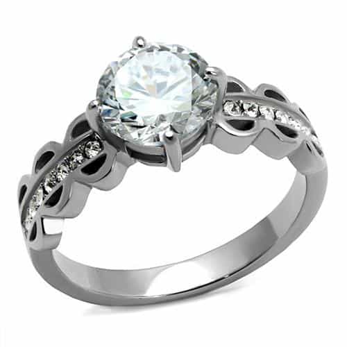 Stainless Steel CZ Round Pave Leaf Vine Bridal Ring view 5