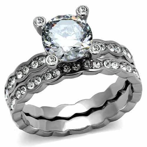 Stainless Steel CZ Round Solitaire Channel Wave Bridal Ring view 1