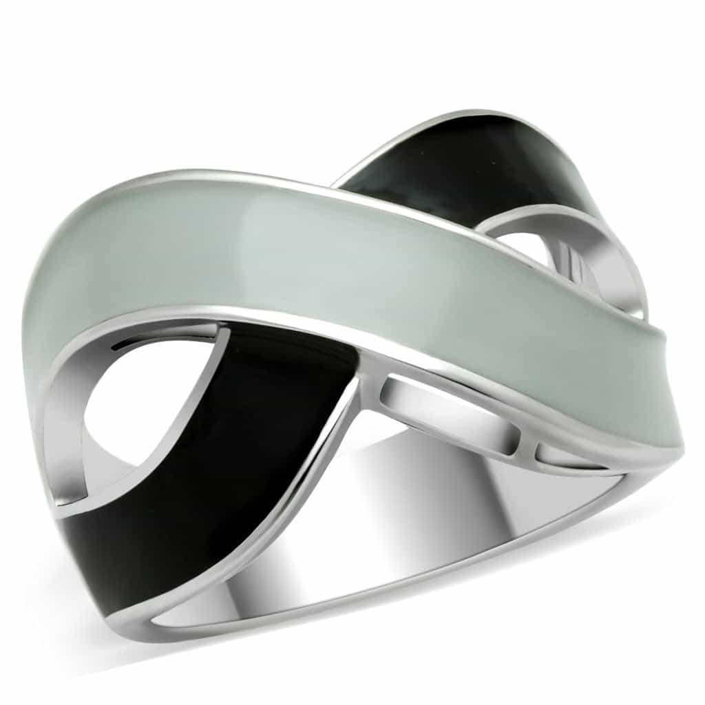 Stainless Steel Two Tone Black IP Silver Enamel Crossover Ring view 1