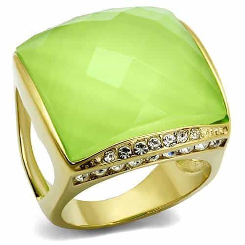 Stainless Steel Gold IP Lime Green Faceted Crystal Cushion Ring view 1