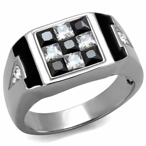 Stainless Steel CZ Checkerboard Black Onyx Signet Ring view 1