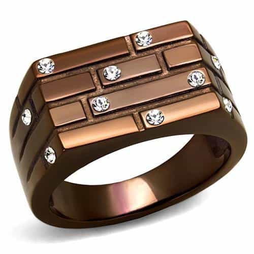 Stainless Steel Coffee Brown IP Rose Gold Brick CZ Accent Ring view 5