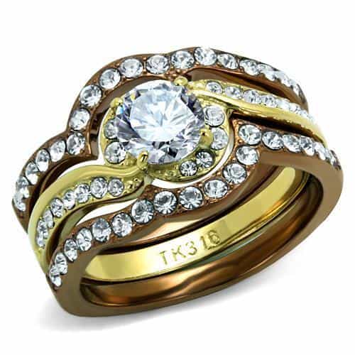Stainless Steel Gold IP CZ Round Pave Swirl Stack Bridal Ring view 5