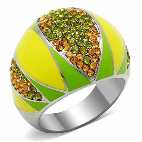 Stainless Steel Yellow Green Enamel Crystal Pave Dome Ring view 1