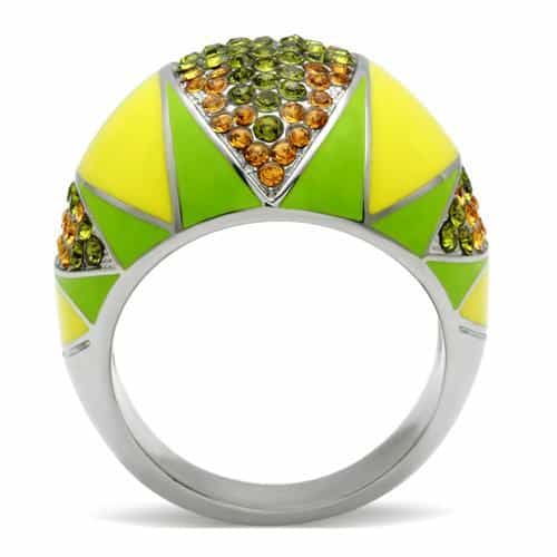 Stainless Steel Yellow Green Enamel Crystal Pave Dome Ring view 7