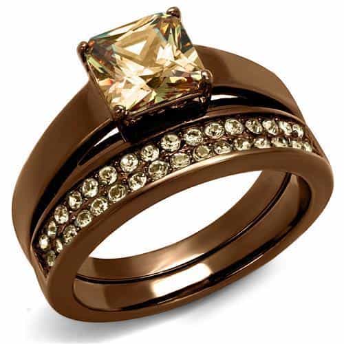 Stainless Steel Coffee Brown IP Champagne CZ Princess Pave Ring view 5