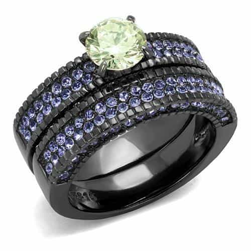 Stainless Steel Dark Gunmetal Peridot Green CZ Tanzanite Ring view 5