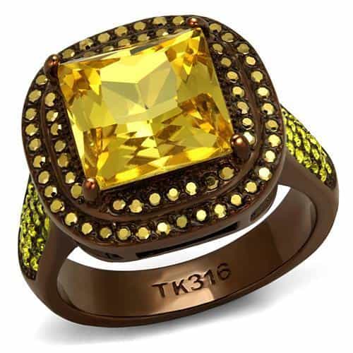 Stainless Steel Coffee Brown IP Yellow CZ Princess Cushion Ring view 5