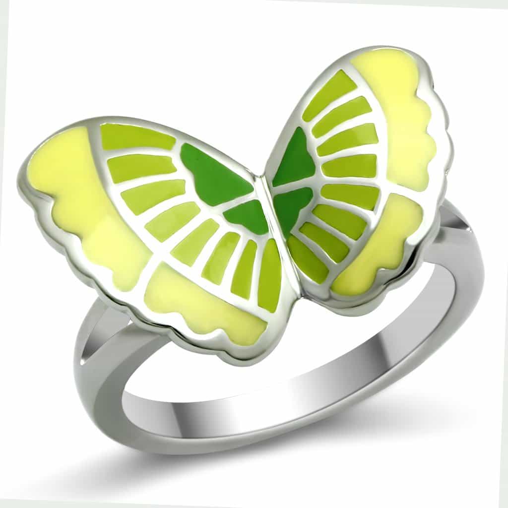 Stainless Steel Yellow Green Enamel Butterfly Ring view 1