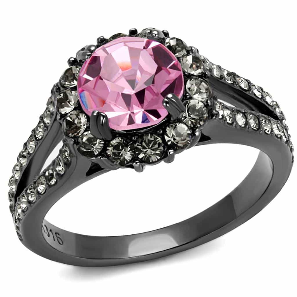 Stainless Steel Dark Gunmetal Pink CZ Round Split Shank Halo Ring view 1