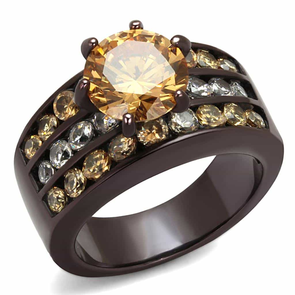 Stainless Steel Coffee Brown IP Champagne CZ Round Wide Pave Ring view 1